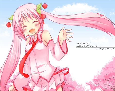Cherry Blossoms Hatsune Miku Pink Hair Sakura Miku Sky Tie