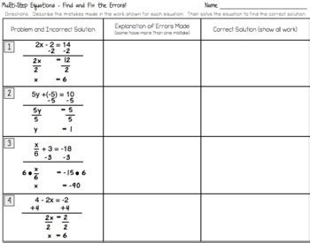 multi step equations find  fix  errors worksheet activity