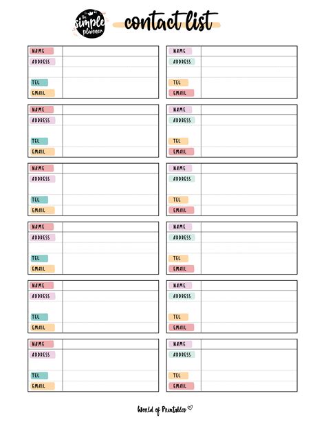 contact list templates     styles world  printables