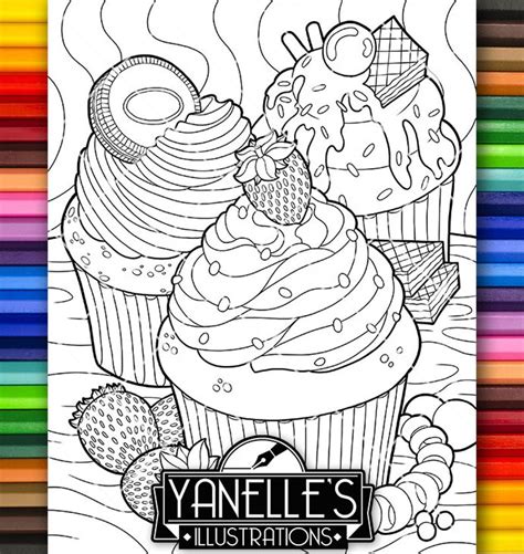 adult coloring page desserts cup cake icing fun food snack etsy