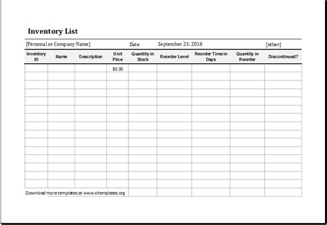 inventory list templates   printable word excel  formats