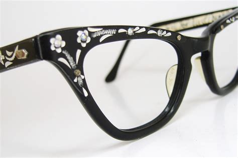 Vintage 50s Black Cat Eye Eyeglasses Frame With Flowers And