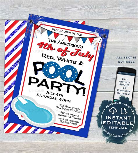 Editable 4th Of July Pool Party Invitation Summer Red