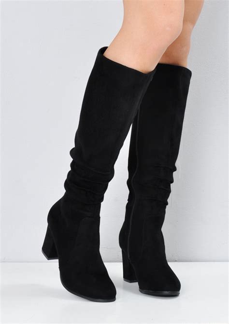 block heel faux suede ruched knee high boots black boots knee high