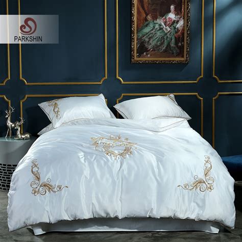Parkshin Luxury White Color Silk Bedding Set Home Textiles Embroidery