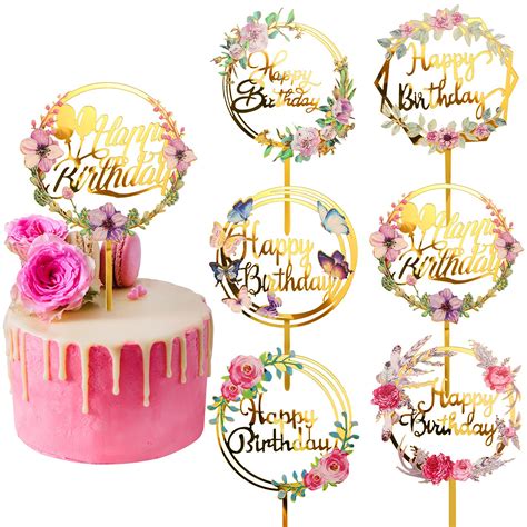 buy  pieces happy birthday cake toppers gold flower acrylic cake