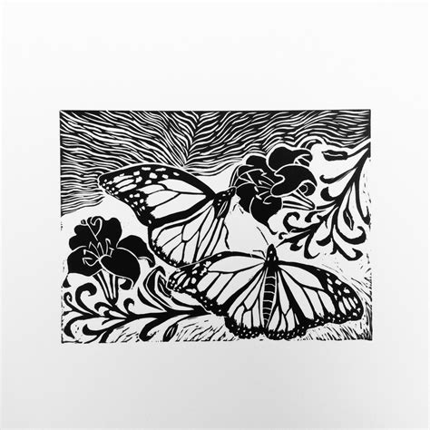 Butterflies Linoprint With William Morris Flowers Linoprint Linocut