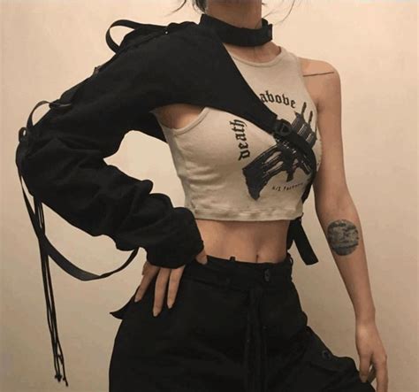 Women S Gothic Streetwear Punk Crop Tank Top Patchwork Long Sleeve Top