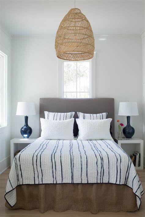 white cottage guest bedroom  upholstered headboard  natural