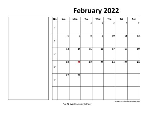 printable february  calendar box  lines  notes