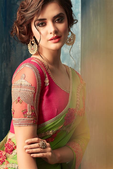 Buy Green Designer Saree With Pink Embroidered Blouse