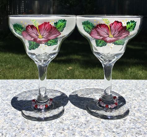 Margarita Glasses With Hand Painted Flowers And Beaded Wine Glass