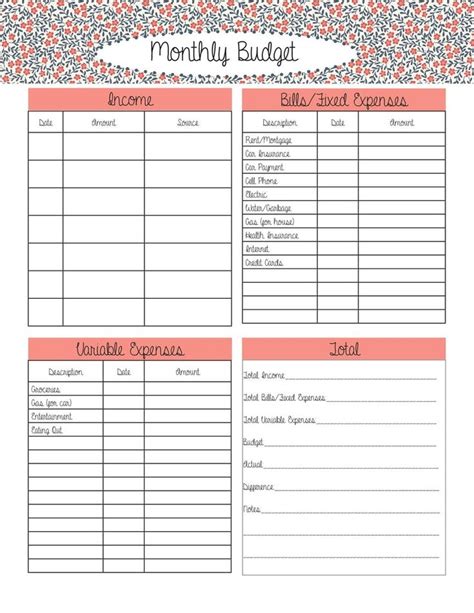 budget printable printable monthly budget monthly budget