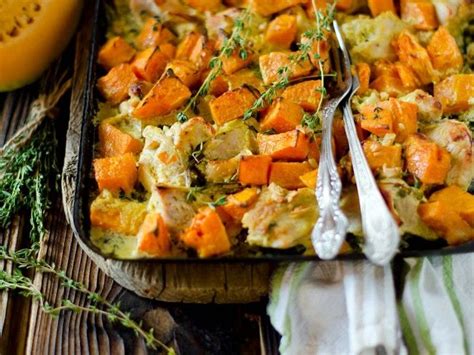 gebackener kuerbis mit haehnchen und sahne gebackener