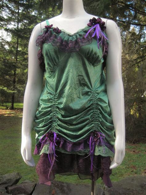 Ooak Gorgeous Forest Green Upcycled Slip Dress With Fancy
