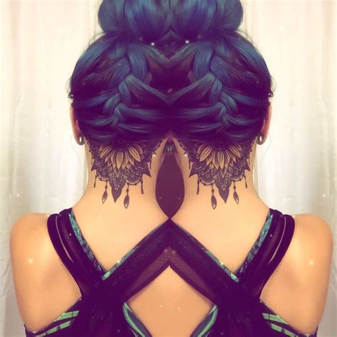 seeing double undercut tattoo sunflower mandala blue hair braided bun