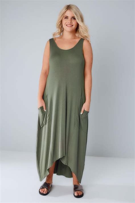 khaki maxi dress with drop pockets and dipped hem plus size 16 to 36