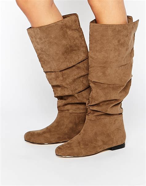 asos collaborate knee high flat slouch boots  beige brown lyst