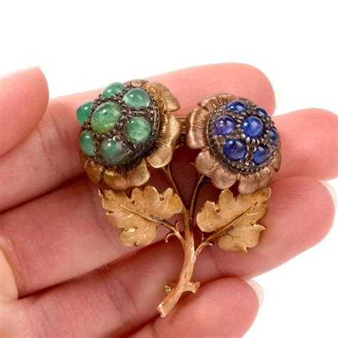buccellati vintage emerald sapphire yellow gold floral pin brooch for