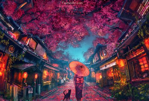 anime girl  city street  sakura trees  dusk  yuumei