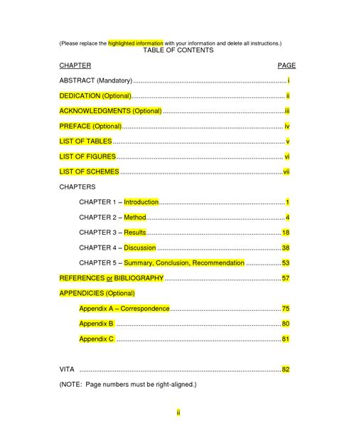table  contents template  format research paper table