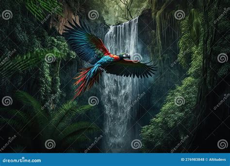 parrot flying  waterfall  jungle stock photo image  jungle beak