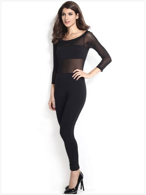 Women Mesh Off The Shoulder Black Long Sleeve Jumpsuit Online Store