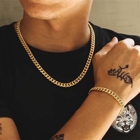 mm miami cuban link chain  bracelet set   gold  men krkcco krkcco