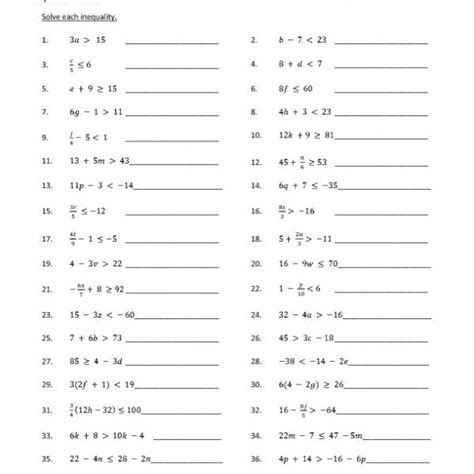eighth grade solving inequalities worksheet   page worksheets