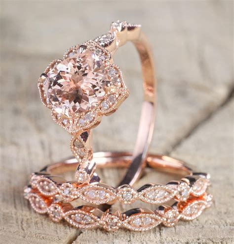 2 25 Carat Morganite Diamond Trio Wedding Bridal Ring Set In 10k Rose