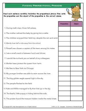 worksheet finding prepositional phrases read  sentence