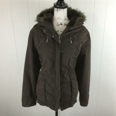 yessica snap zip  faux fur trim brown hooded winter jacket womens size  ebay