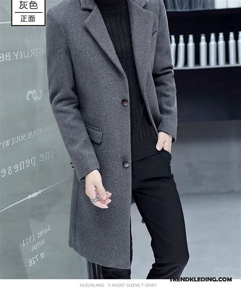 mantel heren jas mooi lang slim fit jas wol trenchcoat zwart goedkoop