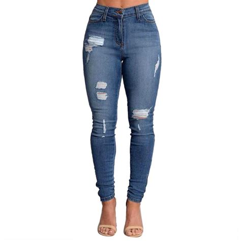 2019 2017 slim jeans for women skinny high waist jeans woman blue denim ripped stretch pencil