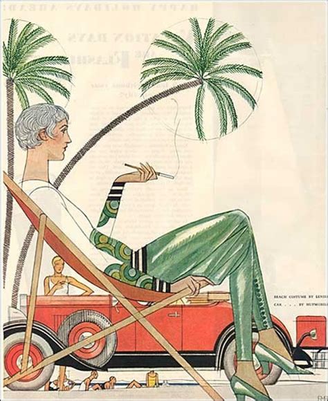 1929 Art Deco Woman In Beach Outfit Under Palm Tree Auto
