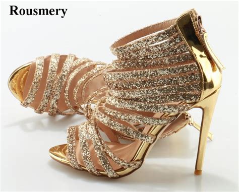 women new sexy straps cross gold rhinestone high heel sandals cut out