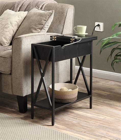 small black narrow side table  flip flop storage compartment  top