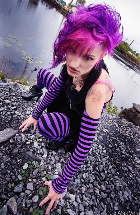 Purple Hair Tattoo Piercings Dark Eye Make Up Emo Girl Look For The