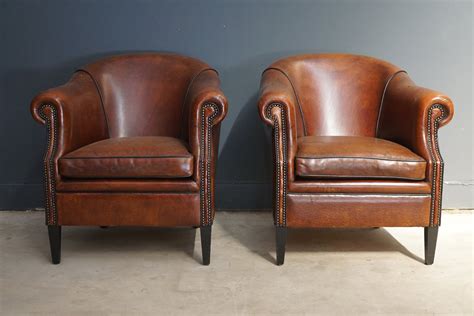 vintage cognac leather club chairs set    sale  pamono