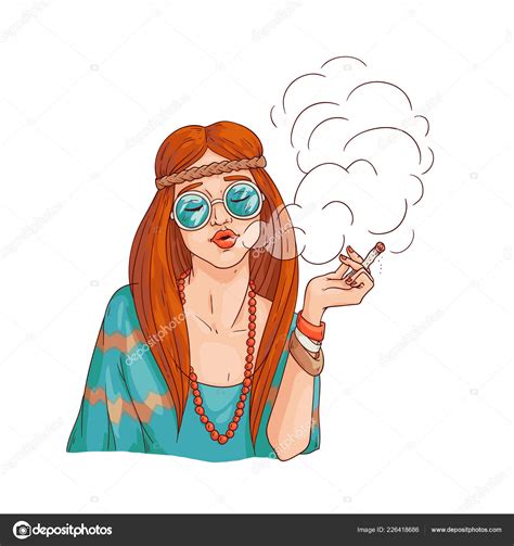 Вектор плоскої хіпі дівчина куріння каннабіса сигарет — Стоковий вектор