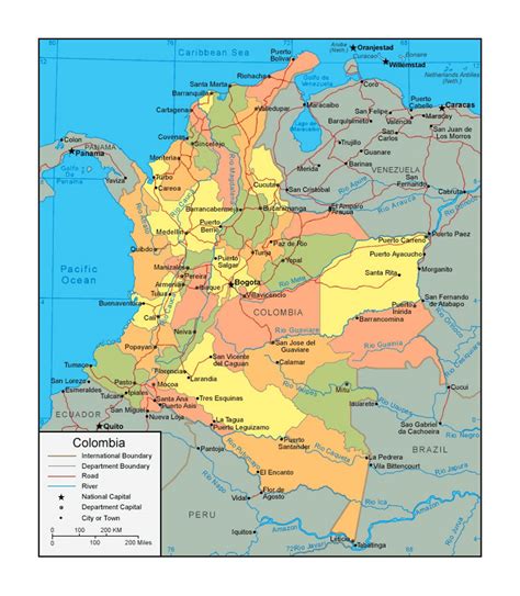 political  administrative map  colombia  roads  major