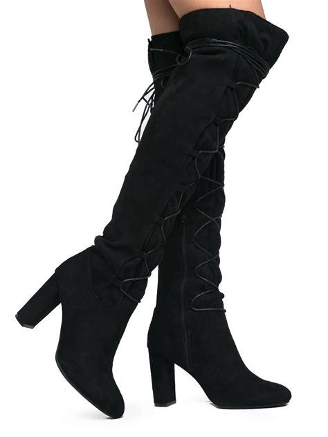 Qupid Stretch Faux Suede Round Toe Front Lace Up Wrapped High Heel
