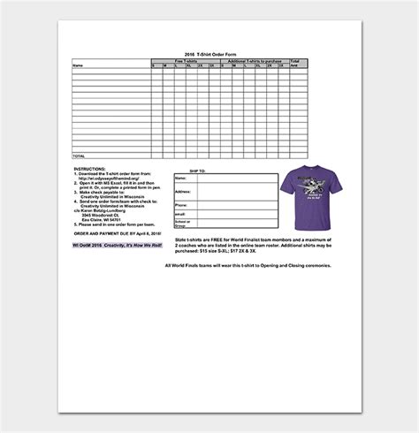 shirt order form template  word excel