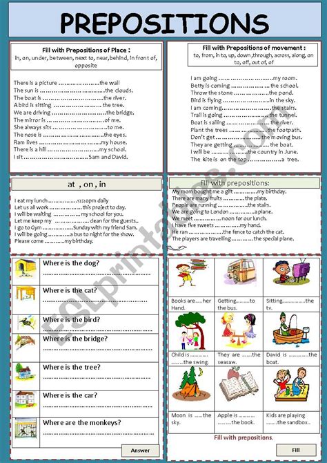 prepositions esl worksheet  jhansi