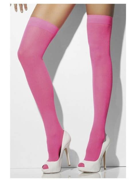 ladies 80s 1980s pink opaque fancy dress hold ups stockings by smiffys