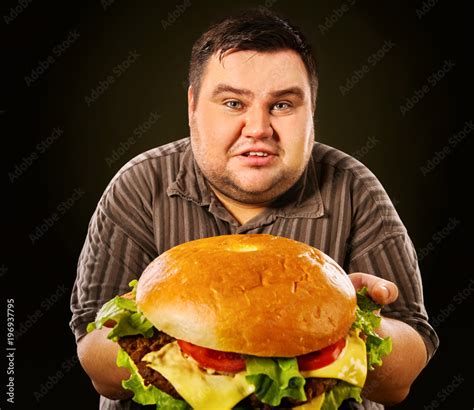 Fotografia Do Stock Man Eating Fast Food Hamberger Fat Person Made