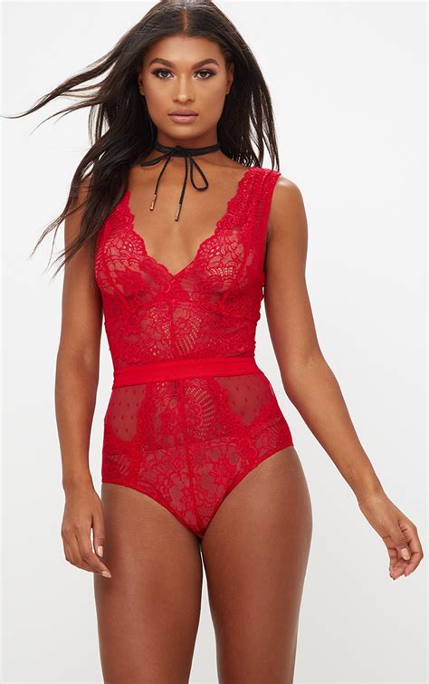 red lace bodysuit prettylittlething usa