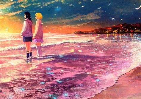 2girls Beach Gemi Original Scenic Shoujo Ai Sunset Waifu2x Water