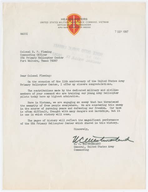 letter   army general   westmoreland  colonel  p