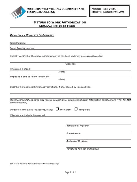 Return To Work Authorization Medical Release Form Southern Fill Out